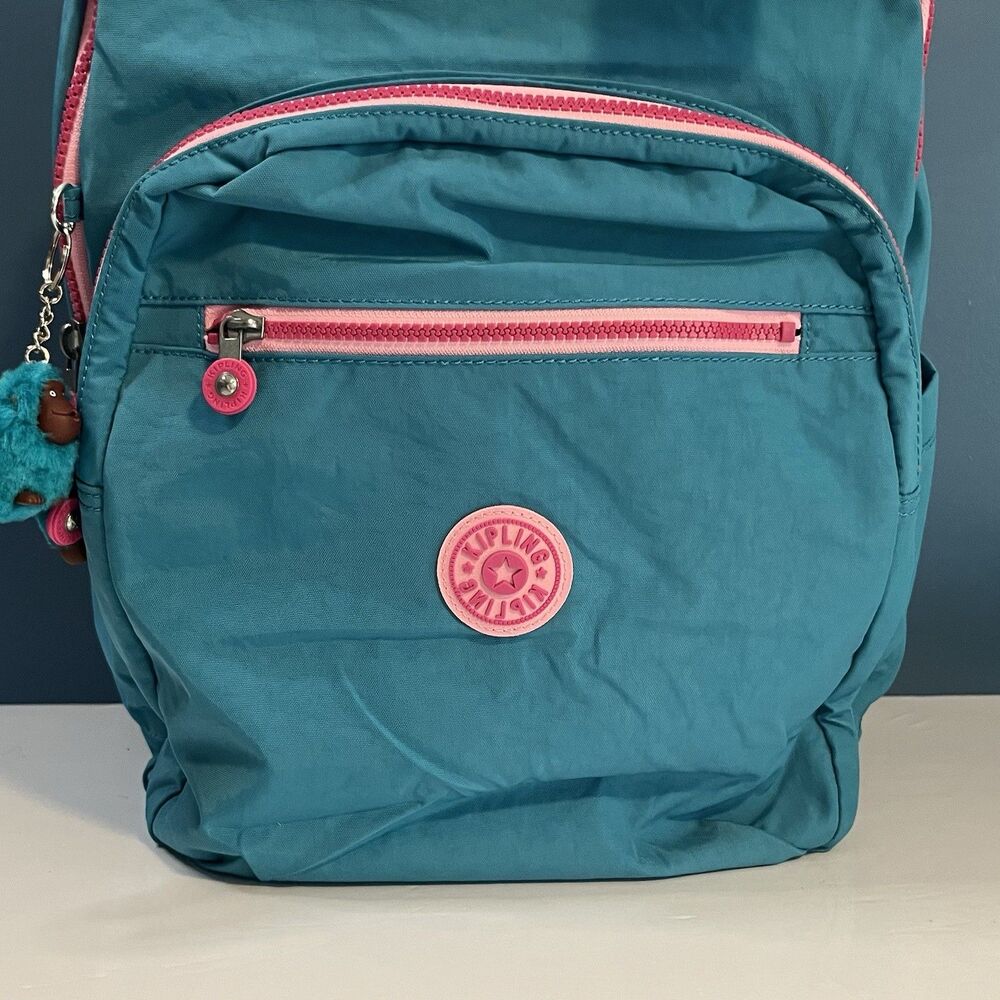 Kipling Seoul Laptop XL Backpack Striking Blue Pink Trim Plush Charm 17” NWT - Picture 2 of 12